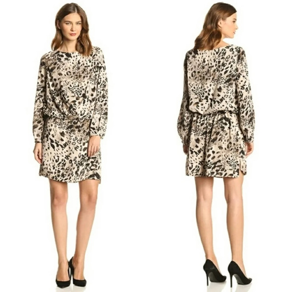 NWOT Vince Camuto Leopard Beige & Black Blouson Slouch Waist Long Sleeve Dress - Picture 2 of 9